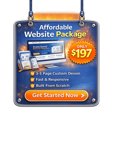 Affordable website package for $197 featuring custom responsive design on desktop, tablet, and mobile.