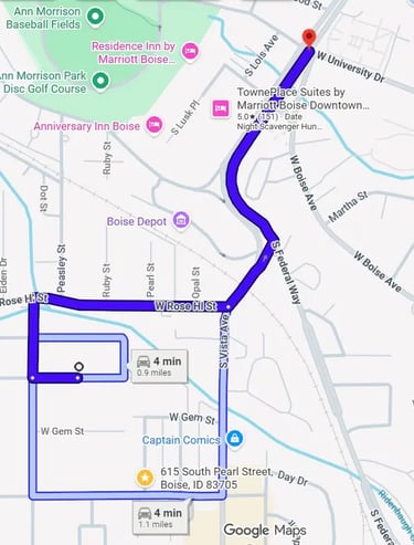 Map showing the location of the Agate student house and its quick 3-minute drive to the Boise State University campus.