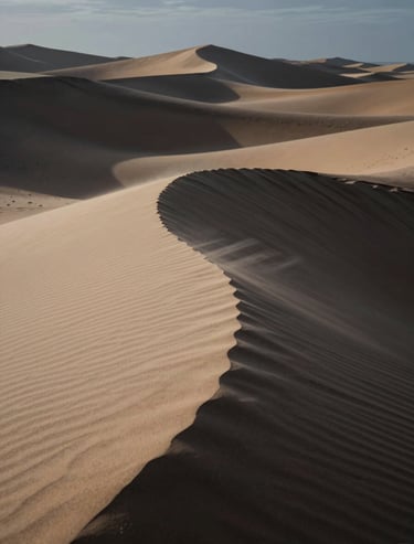 Photograph of wind-blown sand dunes at dusk, with high contrast shadows in ebony and smooth textures in soft cream.