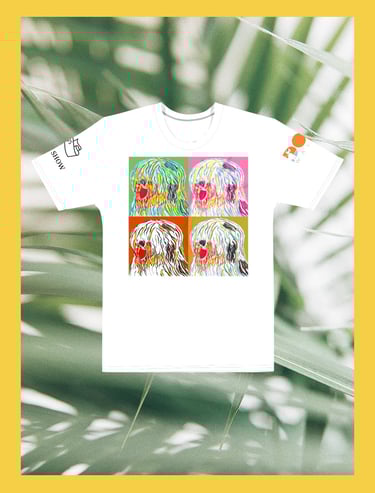Best in Show wearable art t-shirt featuring a four-panel pop-art style dog portrait painting