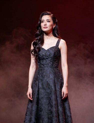 A dramatic stage photo of a mezzo-soprano in character, featuring atmospheric stage fog and a deep red lighting palette, professional US theater photography.