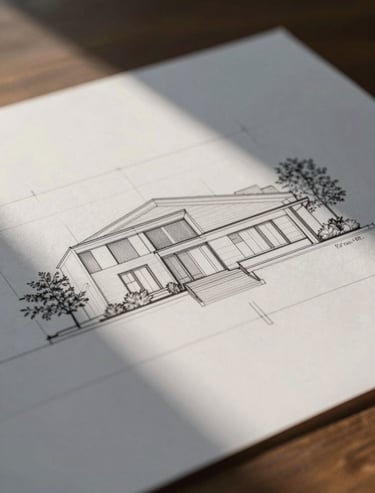 A serene, minimalist photo of architectural drafting paper with a light blueprint of a modern house, bathed in soft afternoon light.