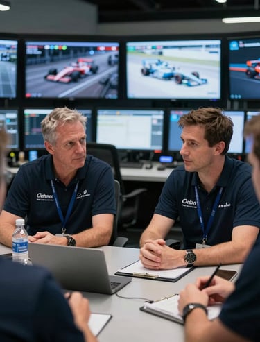 Candid photo of team principals discussing strategy in a high-tech North American / US command center, multiple screens in background, professional and corporate motorsport mood.