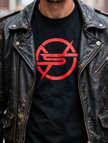 Street style photography of a black band t-shirt with a bold logo, paired with a worn leather jacket, urban North American / US setting.