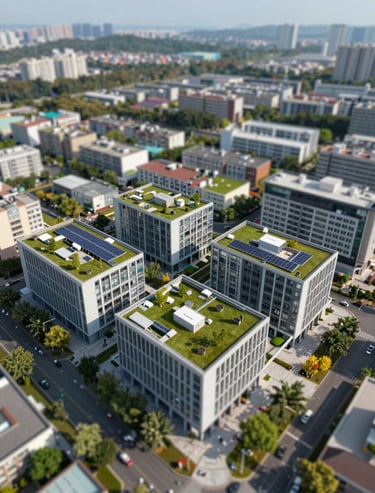 An aerial view of a sustainable mixed-use development with green rooftops and solar integration, capturing the modern and professional essence of the firm.