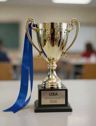 An image of a trophy and a blue ribbon sitting on a polished surface, symbolizing academic excellence in a US school setting.