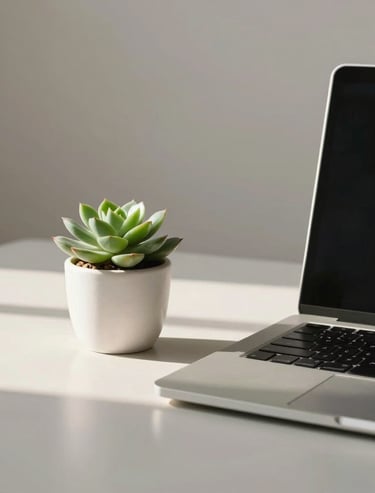 Minimalist, clean, modern tech still life photography of a small green succulent in a white ceramic pot next to a sleek, metallic silver laptop on a light gray desk. Warm, soft morning light casting subtle, gentle shadows. Global / North American office setting. Highly elegant, ultra-minimalist, and welcoming vibe.