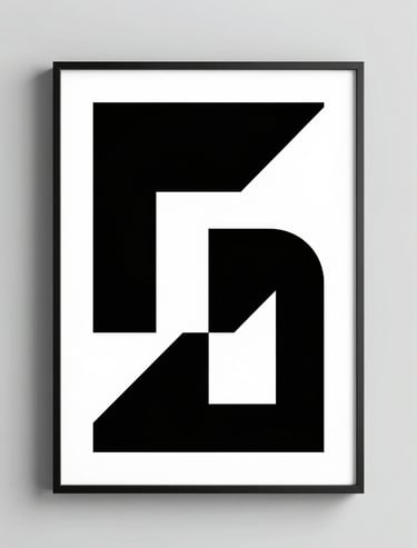 A framed graphic art poster featuring a minimalist geometric composition in black on white, hanging in a bright studio, #ECF0F1 and #0A1118.