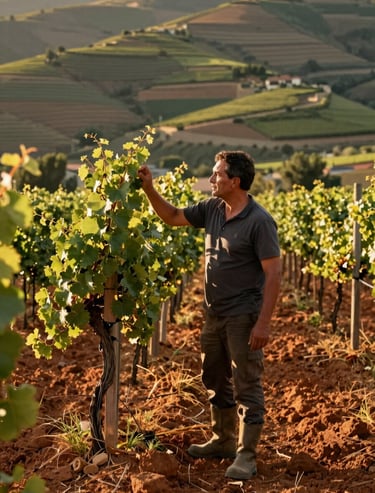 Outdoor photography of a vineyard worker in Douro valley, authentic expression, cinematic golden hour lighting, rich terracotta soil colors.
