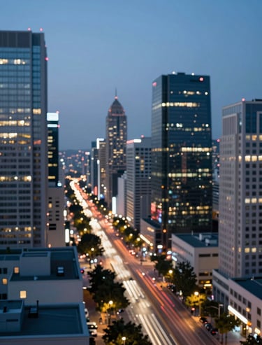A stunning 8K stock video still of a bustling modern cityscape at twilight, capturing dynamic light trails. Cinematic, highly professional. Incorporating #1B263B, #415A77, #A0B0C0, #E0E1DD.