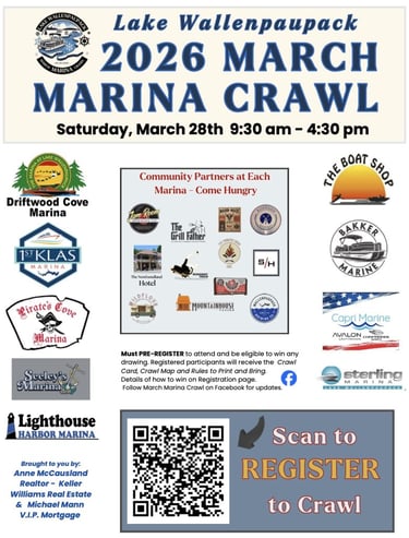 Poster for the Lake Wallenpaupack 2026 March Marina Crawl featuring participating local marinas and food partners.