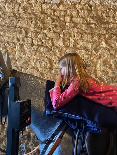 Séance d'initiation au simulateur équestre français avec un enfant