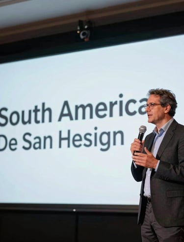 Professional photographer capturing a speaker at a corporate conference, stage lighting, dark room, sharp and clean composition, South American event.