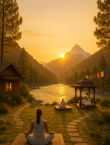 Yoga and natural therapy resort at sunrise on the banks of River Ganga in the Himalayas