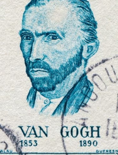 Vintage postage stamp featuring a blue engraved portrait of artist Vincent van Gogh with birth and death years.