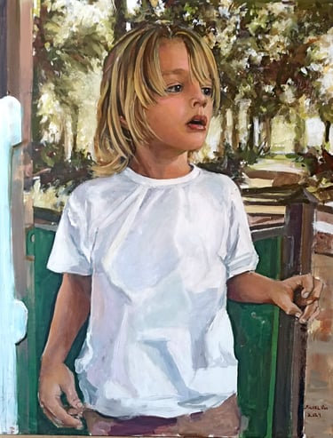 a painting of a young girl in a white t - shirt