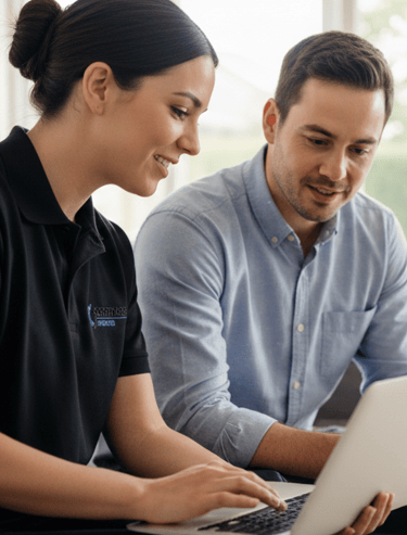 A technician sitting on a couch looking at a laptop with a client.