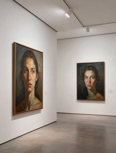 A modern art gallery interior in Brazil with minimalist white walls and professional lighting, conveying a refined and contemporary aesthetic.