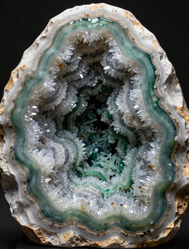 Large-scale resin geode art with thick layers of Almond White, Deep Green, and Sage Green, featuring intricate textures and crystalline structures.