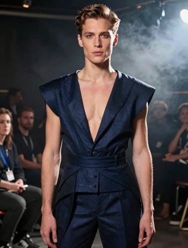 A portrait of a confident performer standing in the wings of a North American / US venue, wearing avant-garde couture with subtle navy highlights and atmospheric smoke.