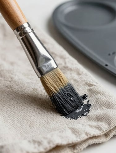 Detailed photography of an art brush dipped in charcoal paint, resting on a linen cloth, off-white and dark grey palette, International / Western.