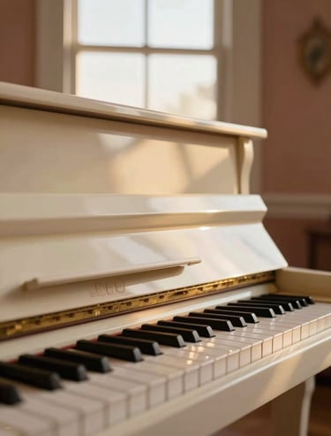 Golden hour light streaming through a window onto a piano, pearl cream and muted clay color tones, peaceful and inspiring.