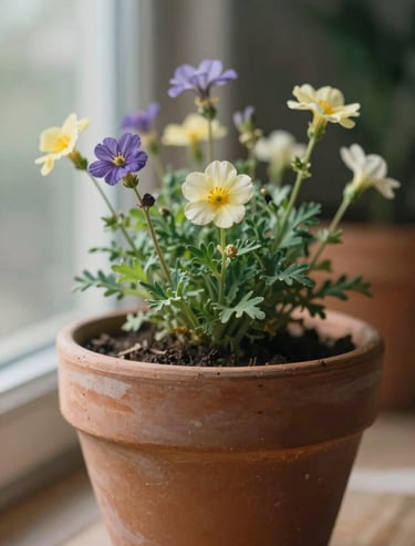 Close-up of a terracotta ceramic pot with wild flowers, soft focus on the background, natural morning light, cinematic and elegant.