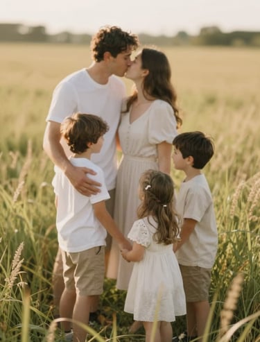 A heartwarming family moment captured candidly in a meadow of tall grass. The lighting is golden and authentic, making the viewer feel part of the memory. Palette: #C4B29A and #F5F0E1.