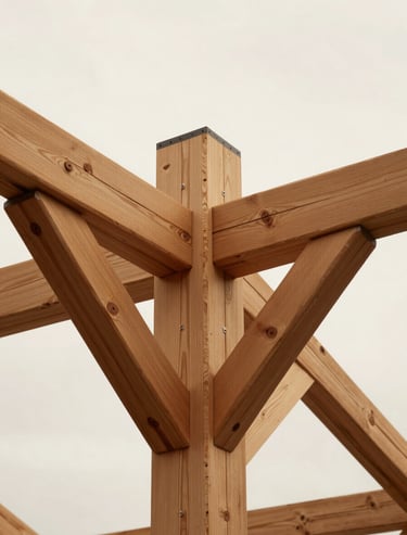 Detailed shot of tectonic wooden joints in a roof structure, soft off-white sky in the background, precision craftsmanship.