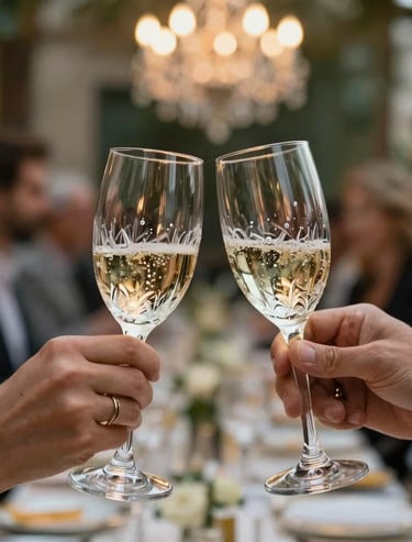 Artistic photography of a celebratory toast at a luxury event in Barcelona. Crystal glasses clinking with sparkling wine against a blurred background of festive lights.