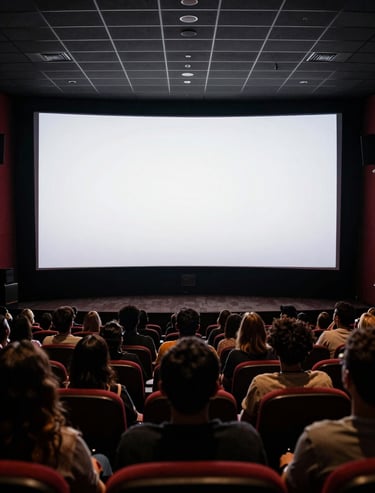 A vibrant audience silhouette in a modern South American / Brazilian cinema theater during an international film festival screening, Pearl White screen light.