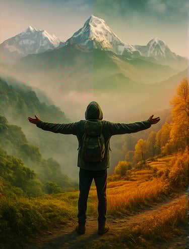 ymbolic image of all four trekking seasons in Nepal blended in one landscape.