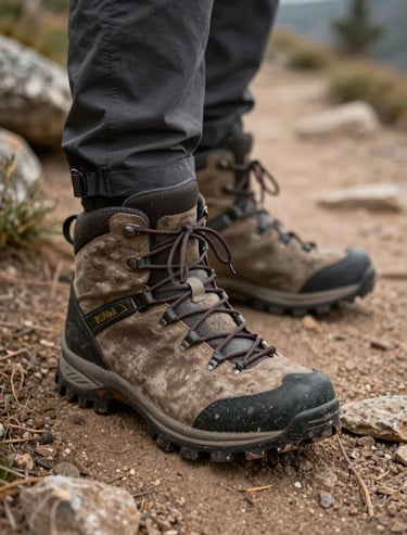 Close-up of hiking boots on a rugged North American / US trail, earthy textures and warm natural light.