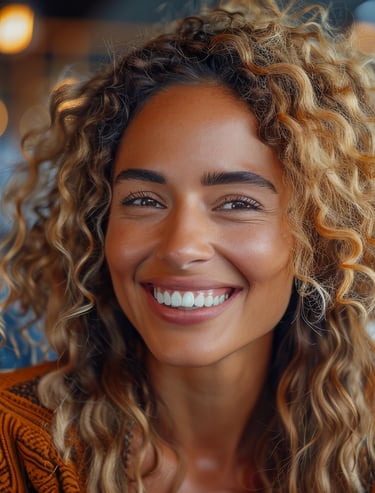 a woman with curly hair and a man in a suit