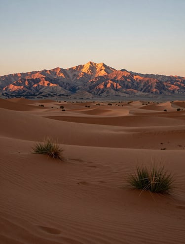 A wide cinematic landscape of North American mountains during golden hour, Soft Sand and Terracotta light hues.