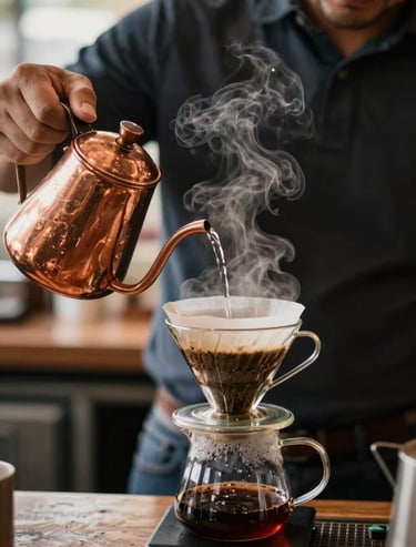Photography of a person in a South American / Latin coffee shop carefully pouring hot water from a copper kettle over coffee grounds in a glass dripper. Steam rising, elegant and sophisticated.