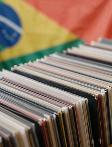 Vinyl records stacked in a collection, a glimpse of a South American flag in the blurred background, soft coral and charcoal colors.