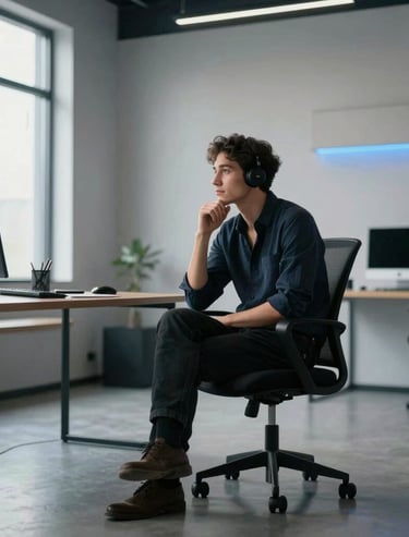 A modern professional sitting thoughtfully in a sleek, minimalist studio workspace with subtle blue ambient accents and generous natural light, North American / Global context, crisp architectural details and an engaging personal atmosphere.