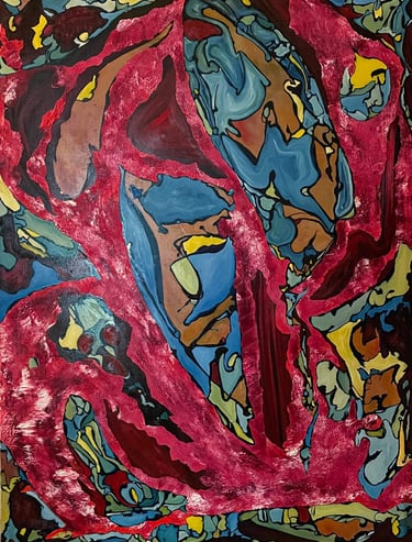 Abstract expressionist painting with swirling crimson lines and organic shapes in blues, yellows, and browns.