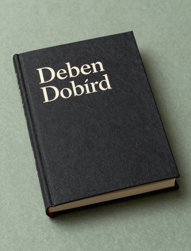 A high-end graphic design thesis book with charcoal black cover and debossed ivory serif typography, sitting on a sage green textured surface in an East Asian / South Asian influenced for a global luxury audience studio.