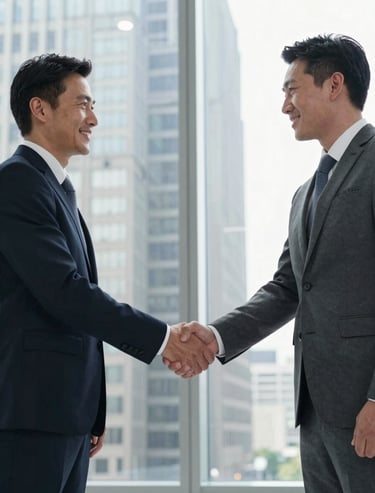 A professional handshake between two executives in a glass-walled North American office overlooking a city. The lighting is bright and off-white, reflecting a corporate and successful atmosphere.