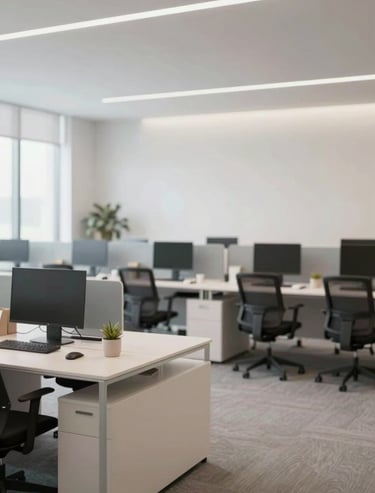 A clean, well-lit office interior with modular furniture and a neutral color scheme. The space feels open and creative, featuring #E0E1DD surfaces and #778DA9 accents.