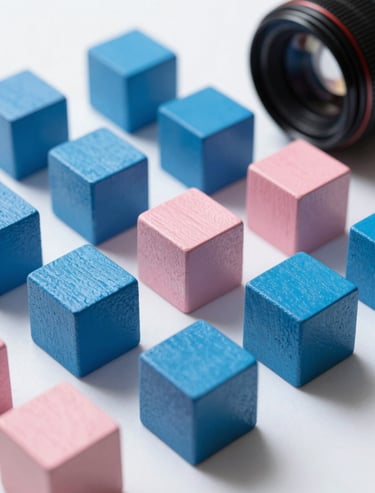 Still life photography of geometric wooden blocks painted in cerulean blue and soft pink on a white surface.