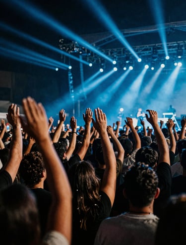 Wide shot of a crowd at a concert in Bogotá, hands raised against a background of dark shadows and electric blue stage lights. High energy, cinematic.