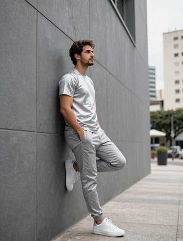 Outdoor photography of a man in casual silver gray clothing leaning against a modern slate gray wall in a Brazilian city, bright overcast lighting, clean and sophisticated aesthetic.