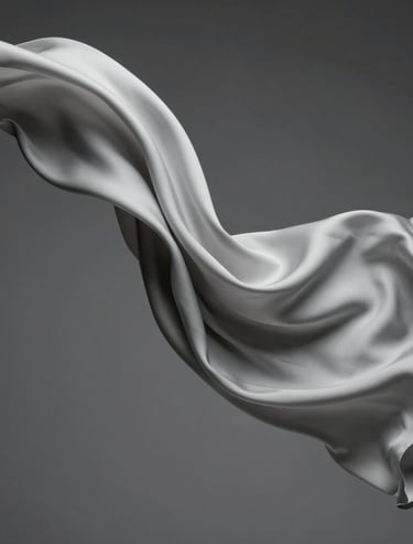 Artistic shot of flowing silk fabric in a studio captured with high-speed photography to show elegant movement in neutral grays. International / Professional.