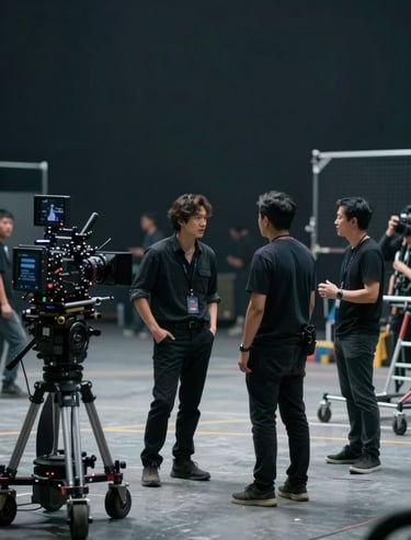 Wide shot of a professional film set with actors in conversation, cameras on dollies, high production value, artistic composition, subtle inclusion of #0B1E22 tones.