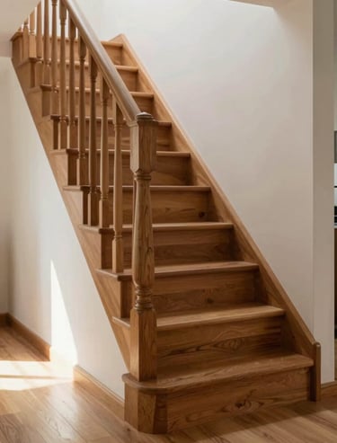 Detail of a custom-built wooden staircase in a sunlit entryway, showing texture and expert craftsmanship.