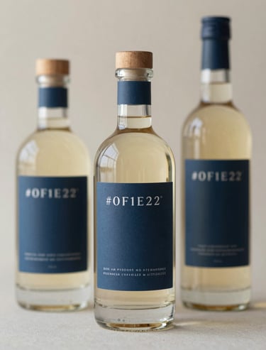 Three various sizes of branding glass bottles for an artisan brand. Soft, natural lighting highlighting the meticulous label design in #0F1E2E.