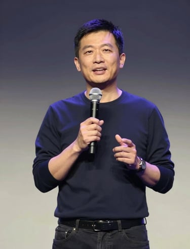 Portrait of a keynote speaker on stage, backlit by stage lights, professional and approachable feel, #0D0D0D and #F2F1ED contrast.